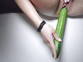Lena N indulges respecting a harmonious bathtime alone, stressful a cucumber